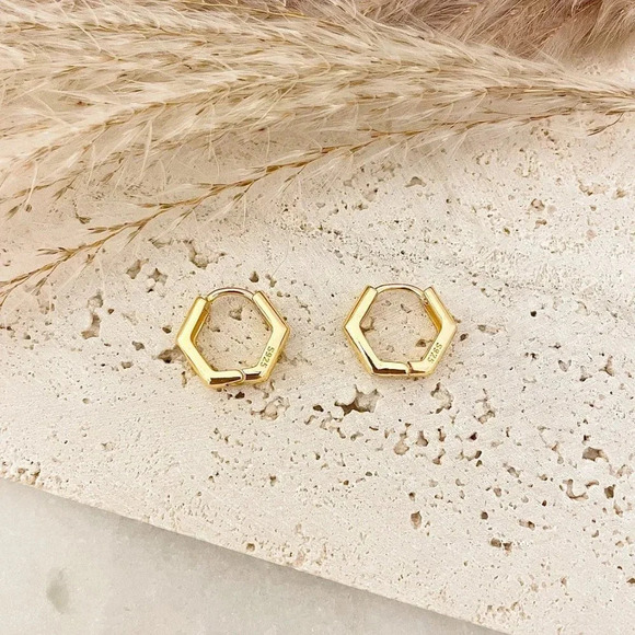 925 Sterling Silver Hexagon Stud Earrings Huggie Hoop Earrings Hexagon Hoops - Picture 4 of 5